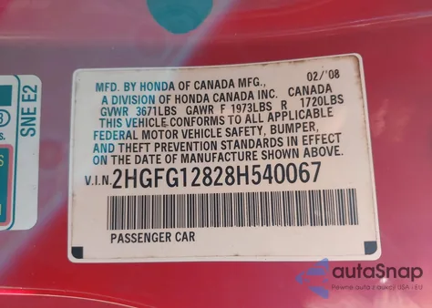 2008 Honda Civic Ex z USA, uszkodzony, nr VIN 2HGFG12828H540067